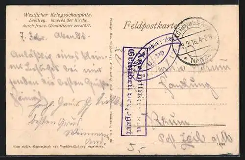 AK Leintrey, Inneres der durch franz. Granatfeuer zerstörten Kirche