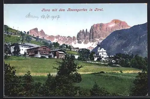 AK Tiers, Partie am Ortsrand mit Kirche und Rosengarten