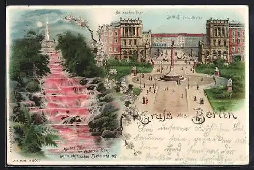 Lithographie Berlin-Kreuzberg, Belle Alliance Platz und Hallesches Tor, Wasserfall im Victoria Park bei Nacht