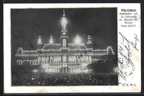 AK Wien, Rathaus, Beleuchtet bei Nacht
