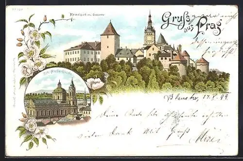 Lithographie Prag, Hradschin, Ostseite, Sct. Niclaskirche