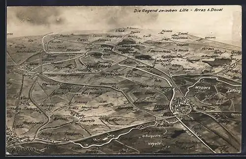 AK Lille, Landkarte der Strecke Zwischen Lille und Arras