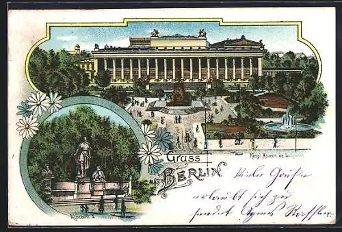 Lithographie Berlin, Königliches Museum im Lustgarten, Denkmal Albrecht II.