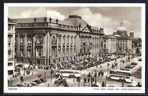 AK Berlin, Unter den Linden mit Staatsbibliothek mit Doppelstockbus und viel Verkehr
