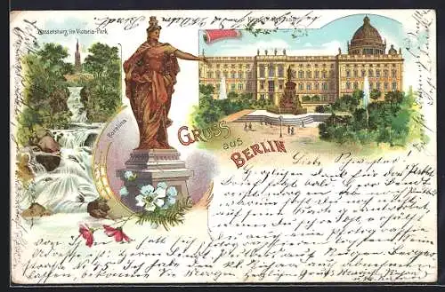 Lithographie Berlin-Kreuzberg, Berolina, Schloss, Wasserfall im Victoria-Park