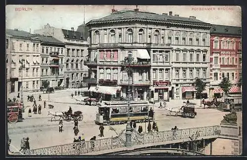 AK Berlin-Tiergarten, Potsdamer Brücke mit Strassenbahnen & Geschäften