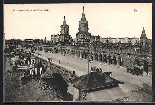 AK Berlin-Friedrichshain, Oberbaumbrücke und Hochbahn