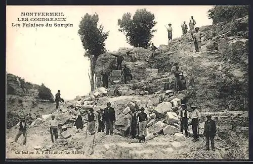AK Montfermeil, Les Coudreaux, Les Falaises du Sampin, Arbeiter bearbeiten Steine, Steinbruch