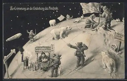 AK Expedition zum Nordpol, amerikanische Flagge im Pol, mit Eisbären und Zeppelin