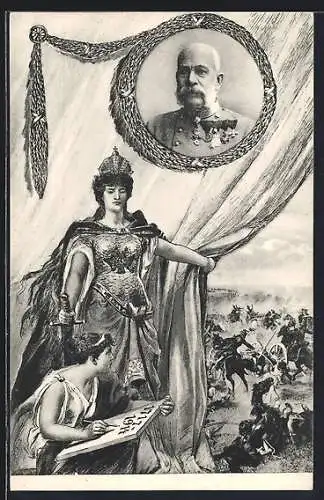 AK Kaiser Franz Josef I. von Österreich, Soldaten in der Schlacht