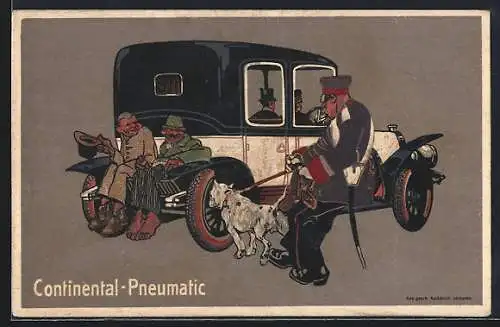 Künstler-AK Reklame für Autoreifen von Continental-Pneumatic, Landstreicher grüssen einen Polizisten mit Hund