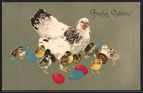 AK Henne mit Osterküken und bunten Ostereiern
