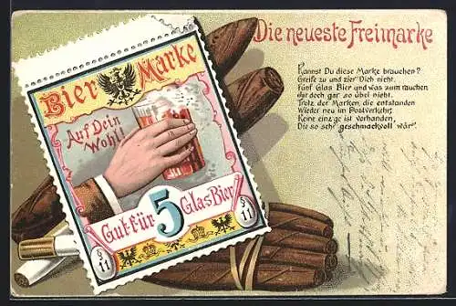 AK Biermarke, Hand hält Bierglas, Zigarren, Zigaretten, Zigarillos