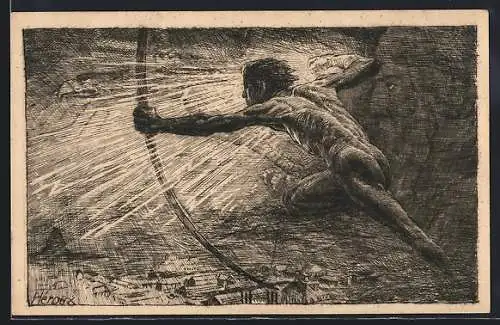 Künstler-AK Bruno Heroux: Leipzig, Weltausstellung f. Buchgewerbe 1914, Nackter Bogenschütze
