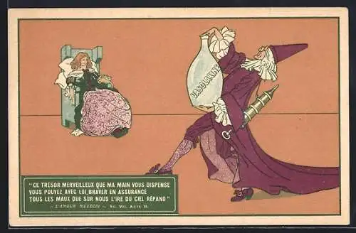 AK Reklame für Medikament Vasolaxine, Medikus mit grosser Spritze nähert sich einer Dame