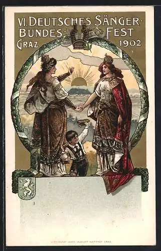 Lithographie Graz, 6. Dt. Sängerbundesfest 1902, Germania reicht ihrer Schwester die Hand, Wappen