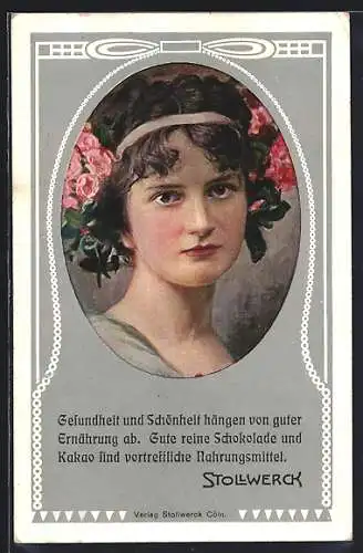 AK Stollwerck Reklame für Kakao und Schokolade, Mädchenportrait mit Blumen im Haar, Jugendstil