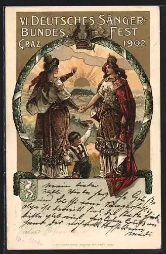 AK Graz, VI. Deutsches Sänger-Bundesfest 1902, zwei Königinnen reichen sich die Hände, Jugendstil
