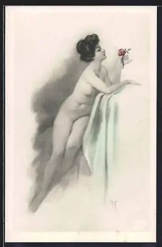 Künstler-AK H.S.: Nackte Frau mit Rose