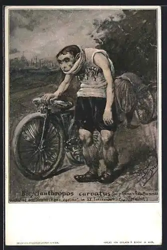 Künstler-AK Bicyclanthropos-curvatus, Affe mit Orden neben dem Fahrrad