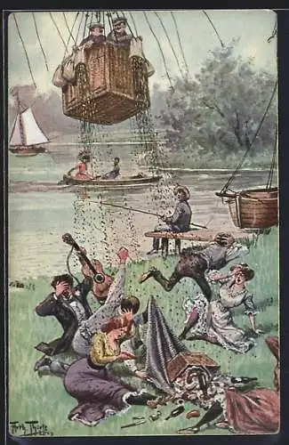 Künstler-AK Arthur Thiele: Das gestörte Picknick mit einem Ballon
