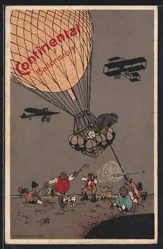 AK Reklame für Continental Ballonstoff, kämpfende Bauern, Gewehr, Flugzeuge