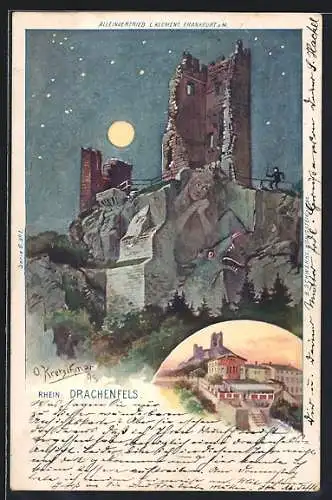 Künstler-AK Rhein, Burg Drachenfels, Berggesichter
