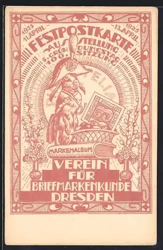 Künstler-AK sign. L. Hesshaimer: Dresden, Ausstellung 5. Gründungstag, 100. Sitzung des Vereins für Briefmarkenkunde