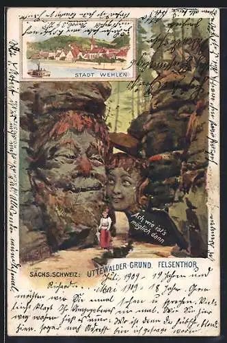 Künstler-AK Schwenke Ser. 4 Nr. 2: Wehlen, Unterwalder-Grund, Berg mit Gesicht / Berggesichter