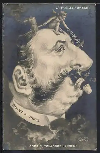Künstler-AK Affaire Humbert, Romain, toujours heureux, Karikatur