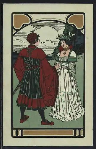 AK Edles Paar auf einer Wiese, Jugendstil
