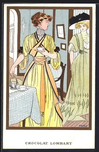 Künstler-AK sign. Harald: Zwei elegante Damen im Wohnzimmer, Chocolat Lombart