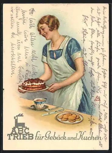 AK Reklame für Backmittel ABC Trieb, Frau deckt mit Kuchen den Tisch