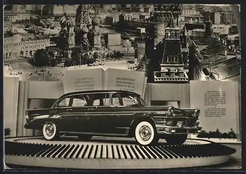 AK Brno, Internationale Messe, Ausstellung der UdSSR, Auto vor Moskau-Panorama