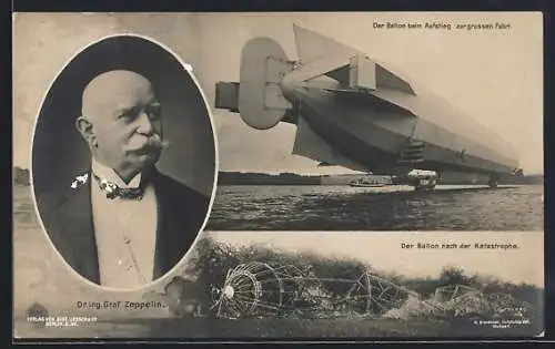 AK Echterdingen, Zeppelin Absturz, Portrait des Grafen Zeppelin, vor und nach der Katastrophe
