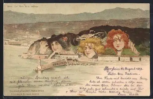Lithographie Nice, Le Port et le château, Berg mit Gesicht / Berggesichter, Killinger Nr. 133