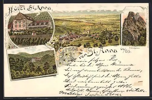 Vorläufer-Lithographie St. Anna /Ob. Els., 1895, Hôtel St. Anna, Freudstein, Ortsansicht