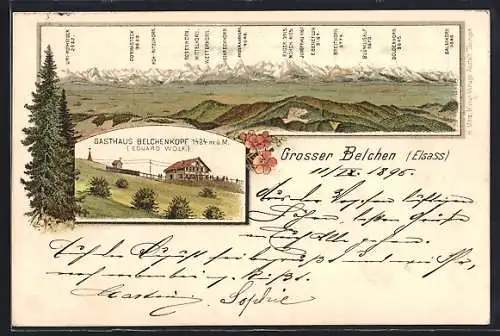 Vorläufer-Lithographie Grosser Belchen /Elsass, 1895, Gasthaus Belchenkopf Eduard Wolf, Bergpanorama mit Eiger und Mönch