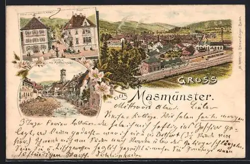 Vorläufer-Lithographie Masmünster, 1895, Post, Hotel zum goldenen Adler, Gesamtansicht