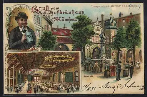 Lithographie München, Königliches Hofbräuhaus, Neuer Hof und Saal, Leuchtende Kerzen bei Halt gegen das Licht
