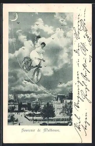 AK Mulhouse, Fliegende Frau auf einem Fahrrad über der Stadt
