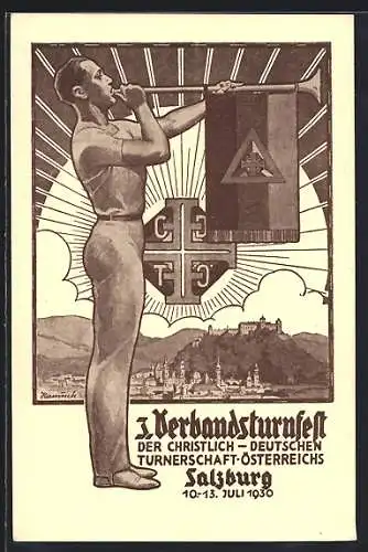 Künstler-AK Salzburg, 3. Verbandsturnfest der Christlich-Deutschen Turnerschaft-Österreichs 1930, Turner mit Fanfare