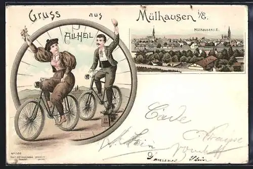Lithographie Mülhausen i. E., Panorama und Mann und Frau auf Fahrrädern