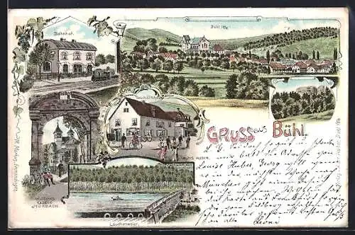Lithographie Bühl, Bahnhof, Geschäftshaus, Lauchenweier, Wallfahrtskapelle Mürbach