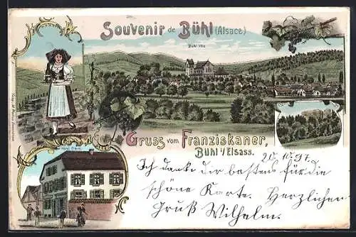 Lithographie Bühl i. Elsass, Hotel Claus, Elsässerin in Tracht, Gruss vom Franziskaner