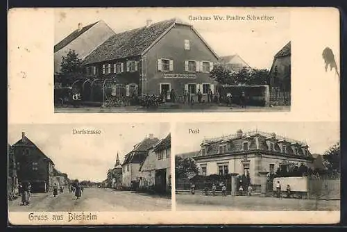 AK Biesheim, Gasthaus Ww. Pauline Schweitzer, Dorfstrasse, Post