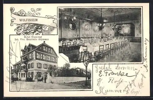 AK Wolfisheim, Hotel Tramway Henriette Heymann mit Strasse und Saal