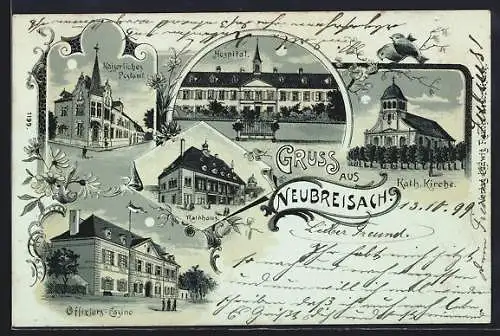 Mondschein-Lithographie Neubreisach, Hospital, Kaiserliches Postamt, Kath. Kirche, Offiziers-Casino
