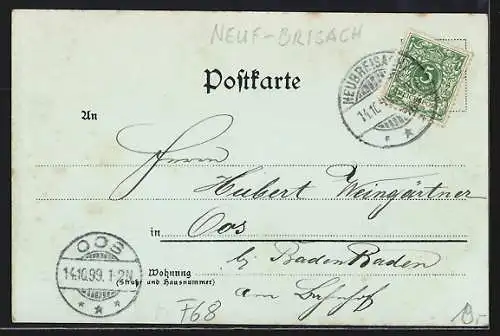 Mondschein-Lithographie Neubreisach, Hospital, Kaiserliches Postamt, Kath. Kirche, Offiziers-Casino