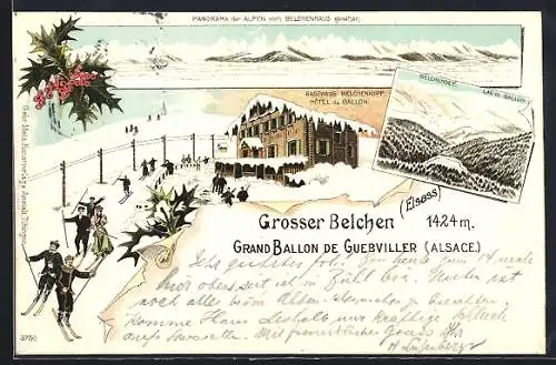 Winter-Lithographie Grosser Belchen /Elsass, Gasthaus Belchenkopf, Panorama der Alpen vom Belchenhaus gesehen